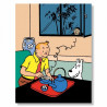 POSTER TINTIN EN TRAIN DE PRENDRE SON THE LOTUS BLEU 80 X 60 CM
