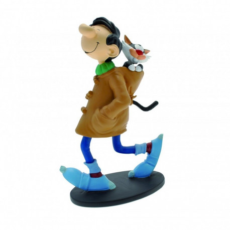 FIGURINE RESINE GASTON LAGAFFE EN DUFFLE COAT AVEC SON CHAT