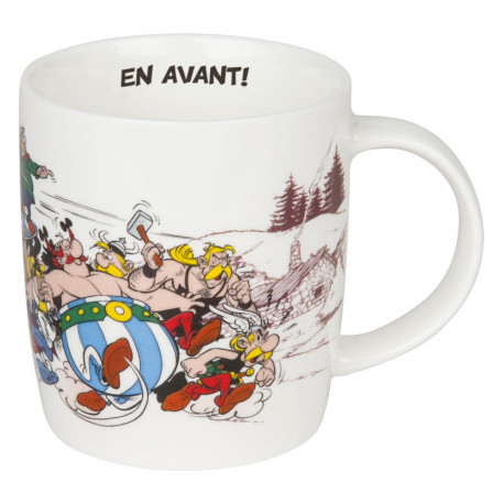 MUG PORCELAINE ASTERIX ET OBELIX FOND BLANC INTERIEUR CITATION EN AVANT